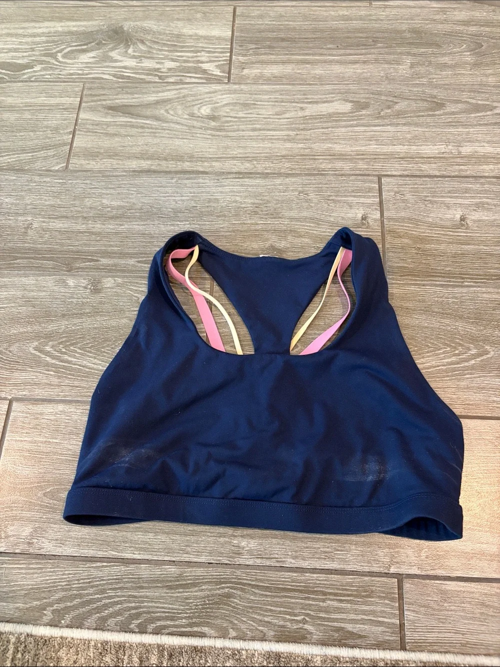 Fabletics Boost Medium Impact Navy Sports Bra with Pink and Yellow Straps